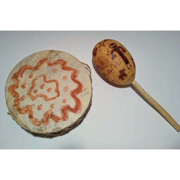 7.5" Native American Animal Hide Hand Drum & 11" Hand Carved Pictograph Maraca - Picture 1 of 8